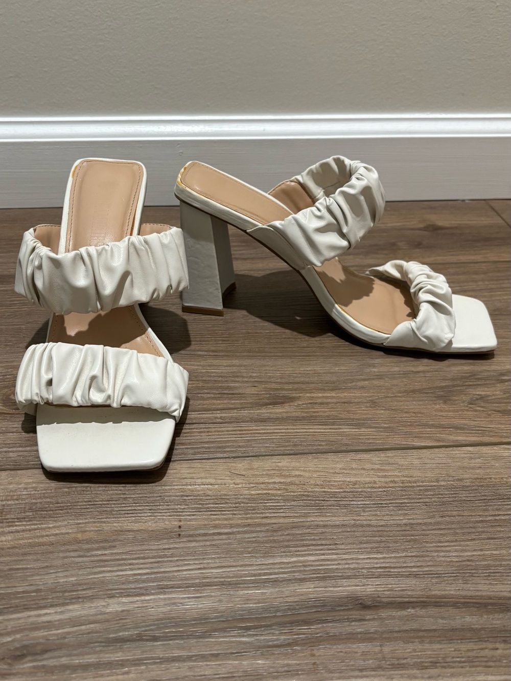 Ruched Double-Strap White Block Heel Sandals